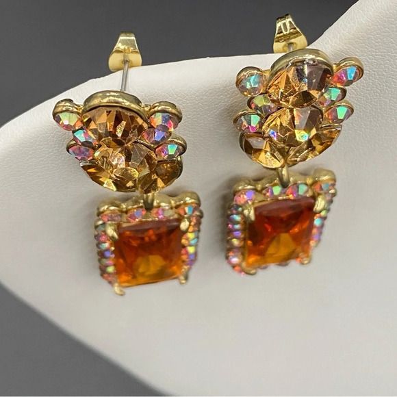Glamorous Topaz and Aurora Borealis Glass and Rhinestone Drop Earrings Pierced - Picture 10 of 13